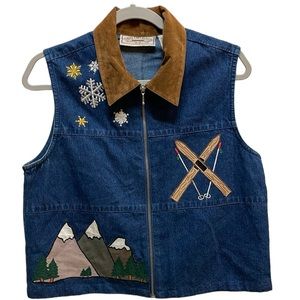 Vintage Denim Ski Vest Winter Themed Sz M